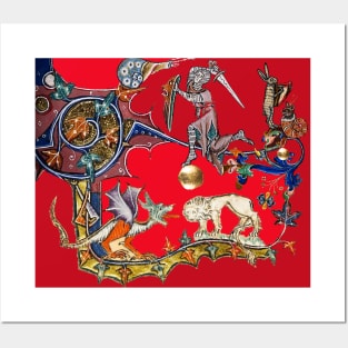 WEIRD BESTIARY,MEDIEVAL KNIGHT FIGHTING SNAIL,DRAGON AND LION IN ROYAL RED Posters and Art